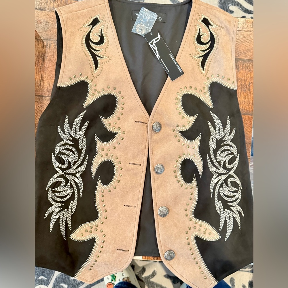 Lucky & Blessed Tan and Black Embroidered Vest